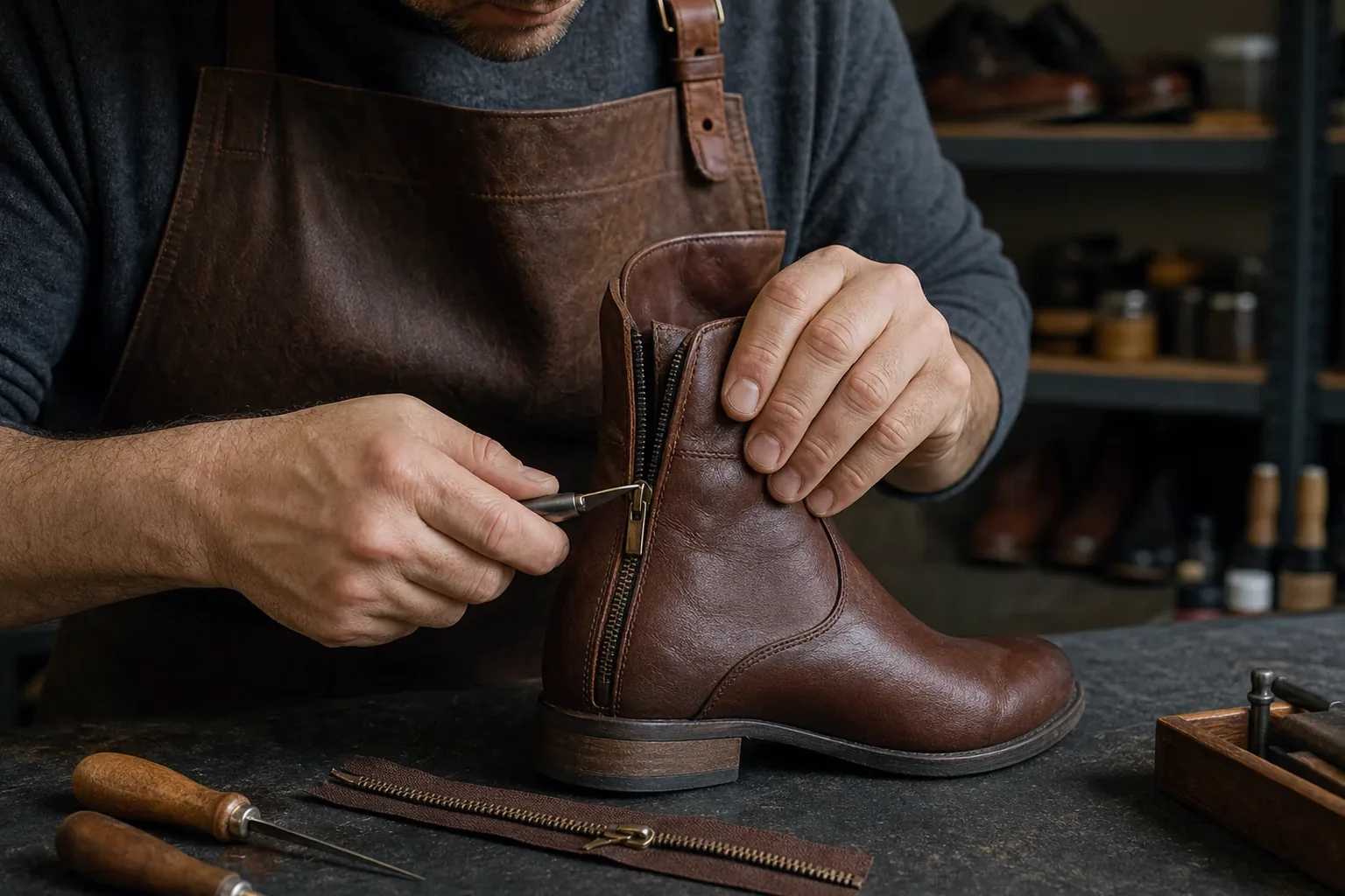 Sapateiro reparando o zíper de uma bota com ferramentas apropriadas.