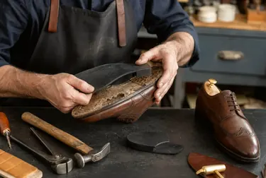 Sapateiro substituindo o solado de um calçado em ambiente de trabalho profissional.