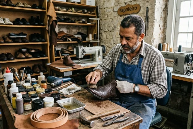 Sapato sendo impermeabilizado por um sapateiro com produtos específicos em ambiente profissional.